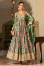 Green Chinon Silk Printed & Embroidered Anarkali Dress With Dupatta