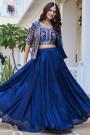 Navy Blue Silk Embroidered Top & Skirt Set With Short Jacket