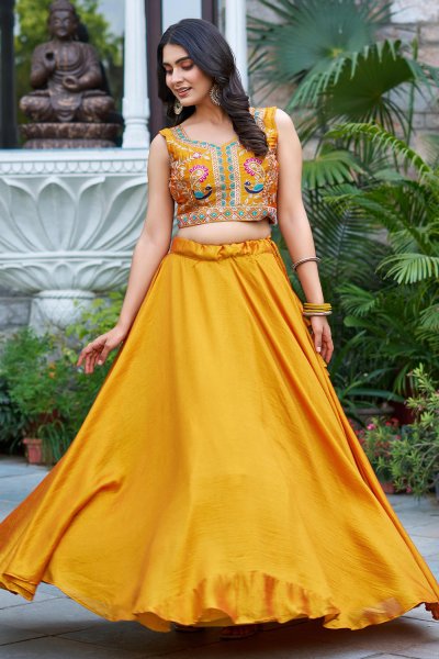 Mustard Yellow Silk Embroidered Top & Skirt Set With Short Jacket
