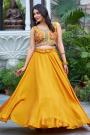 Mustard Yellow Silk Embroidered Top & Skirt Set With Short Jacket