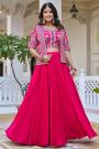 Fuchsia Pink Silk Embroidered Top & Skirt Set With Short Jacket