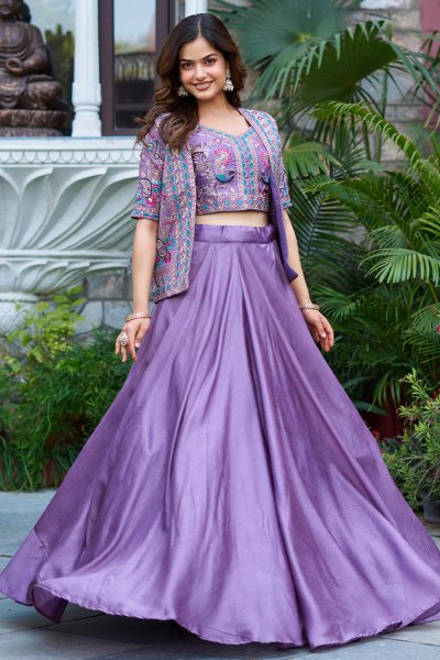 Lilac Silk Embroidered Top & Skirt Set With Short Jacket