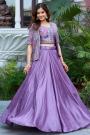 Lilac Silk Embroidered Top & Skirt Set With Short Jacket