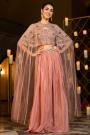 Rose Gold Embroidered Indowestern Chinon Silk Skirt With Top & Net Shrug