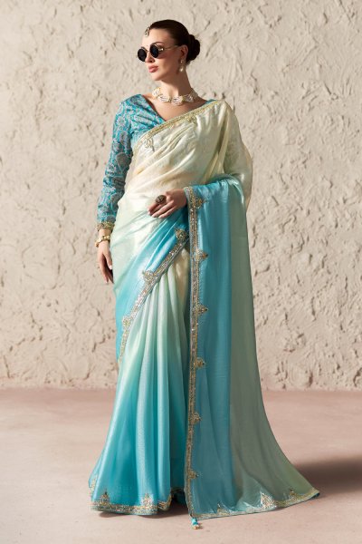 Sky Blue Organza Silk Embroidered Saree With Printed & Embroidered Blouse