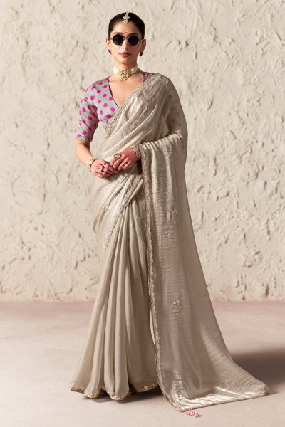 Beige Organza Silk Embroidered Saree With Printed & Embroidered Blouse