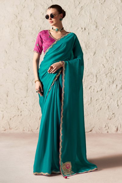 Teal Organza Silk Embroidered Saree With Printed & Embroidered Blouse