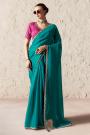 Teal Organza Silk Embroidered Saree With Printed & Embroidered Blouse