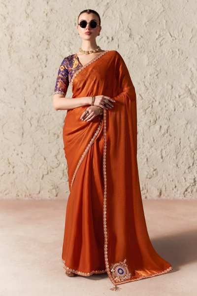 Burnt Orange Organza Silk Embroidered Saree With Printed & Embroidered Blouse