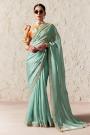 Aqua Blue Organza Silk Embroidered Saree With Printed & Embroidered Blouse