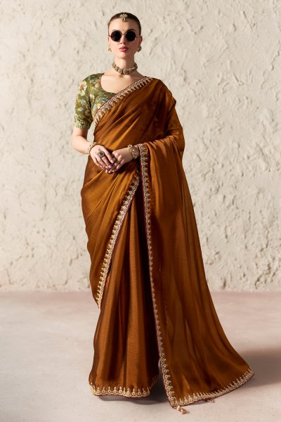 Copper Brown Organza Silk Embroidered Saree With Printed & Embroidered Blouse
