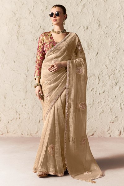Beige Ivory Organza Silk Embroidered Saree With Printed & Embroidered Blouse