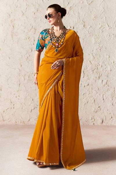 Mustard Orange Organza Silk Embroidered Saree With Printed & Embroidered Blouse