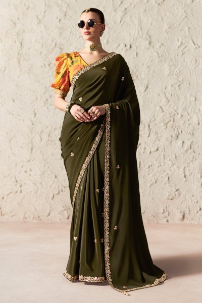 Forest Green Organza Silk Embroidered Saree With Printed & Embroidered Blouse