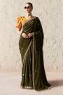 Forest Green Organza Silk Embroidered Saree With Printed & Embroidered Blouse