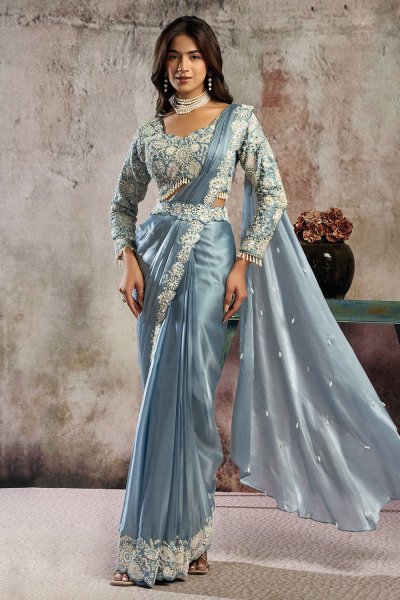 Pre-draped Soft Blue Satin Hand Embroidered Saree With Blouse & Belt Pre-draped Soft Blue Satin Hand Embroidered Saree With Blouse & Belt