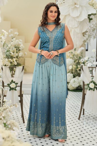 Sky Blue Ombre Silk Embroidered Koti Style Top With Sharara & Dupatta