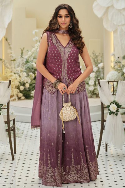 Mauve Ombre Silk Embroidered Koti Style Top With Sharara & Dupatta