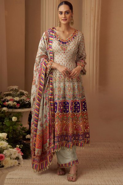 Grey Ivory & Multicolored Printed, Hand Embellished & Embroidered Crepe Silk A Line Kurta Set