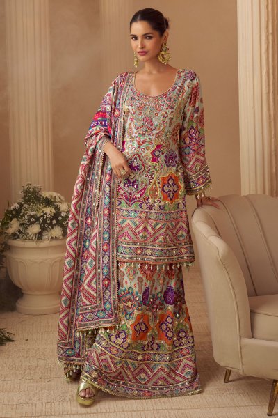 Light Grey & Multicolor Printed, Hand Embellished & Embroidered Crepe Silk Sharara Kurta Set