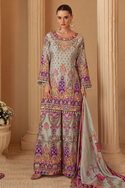 Grey & Multicolor Printed, Hand Embellished & Embroidered Crepe Silk Kurta Set