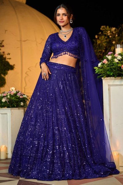 Navy Blue Net Hand Embroidered Lehenga Set