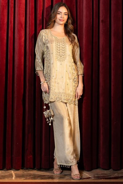 Golden Beige Shiny Zari Silk Embroidered Kurta & Palazzo 2 Piece Set