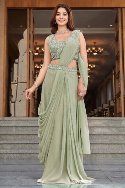 Pre-draped Sage Green Georgette Hand Embroidered Saree With Blouse