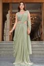 Pre-draped Sage Green Georgette Hand Embroidered Saree With Blouse