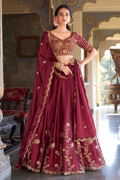 Maroon Silk Embroidered Lehenga Set