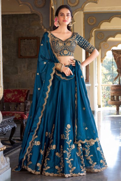 Prussian Blue Silk Embroidered Lehenga Set