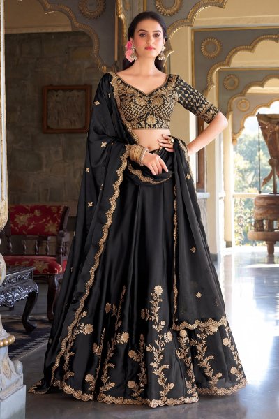 Black Silk Embroidered Lehenga Set