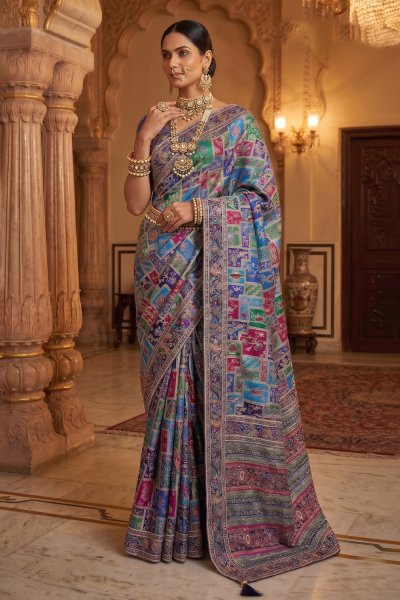 Cornflower Blue & Multicolor Crepe Silk Woven & Embroidered Saree