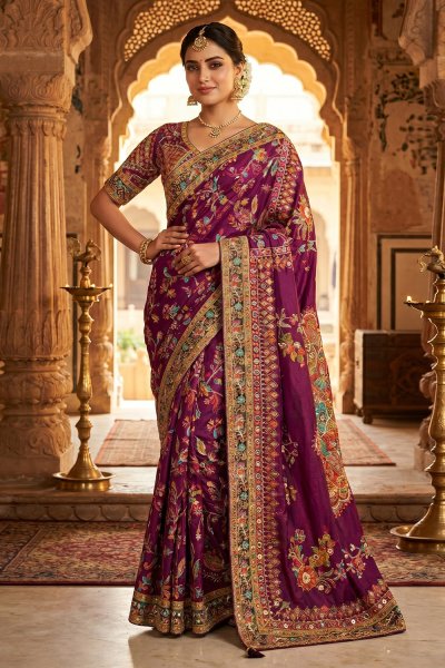 Plum & Multicolor Crepe Silk Woven & Embroidered Saree