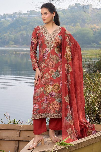 Brick Red Premium Cotton Printed & Embroidered Kurta Set