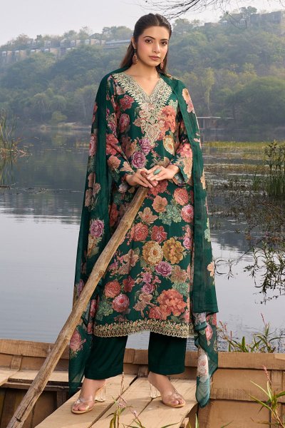 Bottle Green Premium Cotton Printed & Embroidered Kurta Set