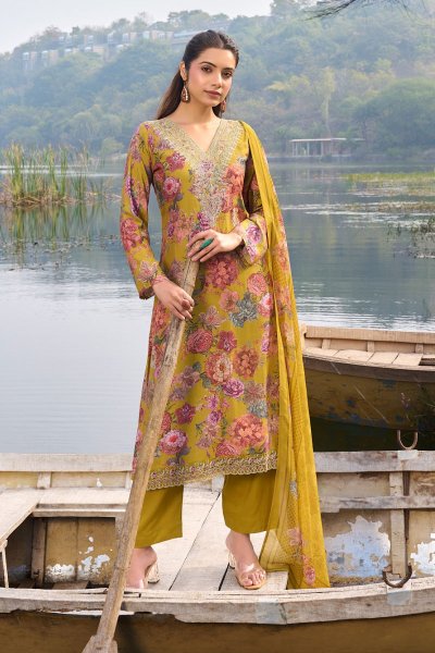Mustard Premium Cotton Printed & Embroidered Kurta Set