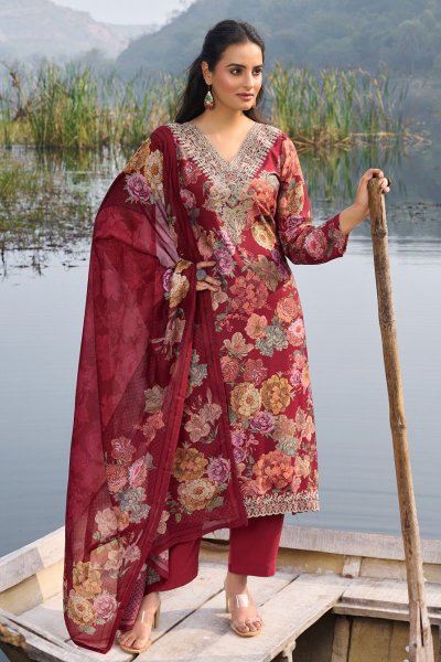 Maroon Premium Cotton Printed & Embroidered Kurta Set