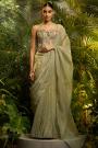 Pre-Draped Sage Green Tissue Silk Saree With Embroidered Corset Blouse