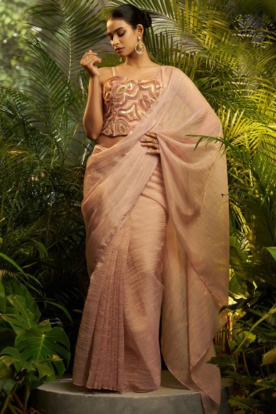 Pre-Draped Blush Peach Tissue Silk Saree With Embroidered Corset Blouse