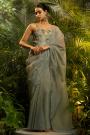 Pre-Draped Dusty Blue Tissue Silk Saree With Embroidered Corset Blouse