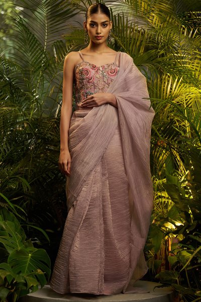 Pre-Draped Mauve Tissue Silk Saree With Embroidered Corset Blouse