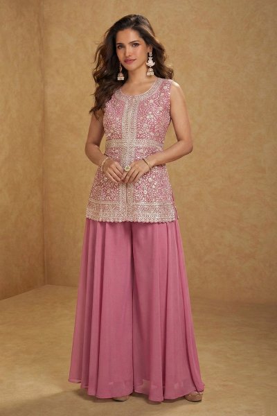 Blush Pink Georgette Embroidered Top & Palazzo Set With Dupatta