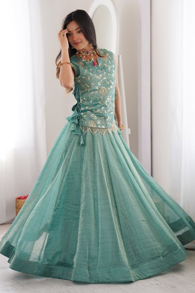 Aqua Blue Silk Embroidered Top & Skirt With Jacket