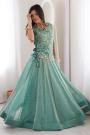 Aqua Blue Silk Embroidered Top & Skirt With Jacket