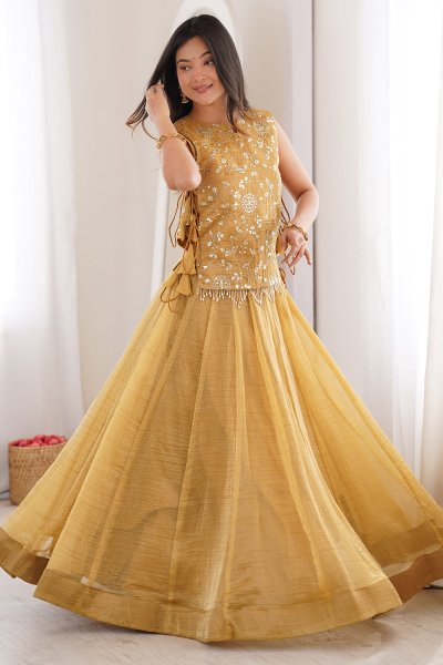 Mustard Silk Embroidered Top & Skirt With Jacket