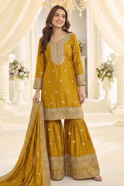 Mustard Chinon Silk Embroidered Sharara Kurta Set