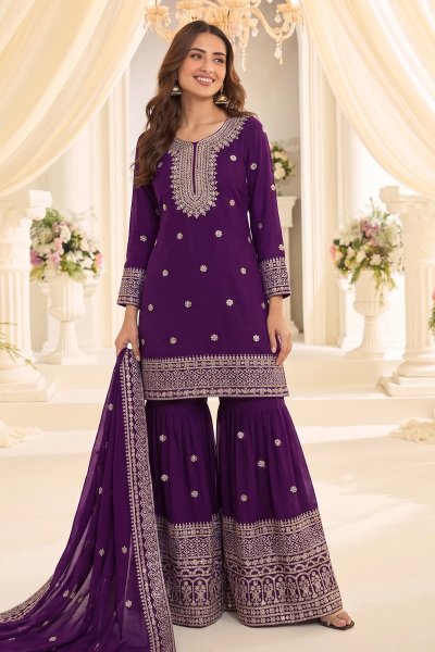 Plum Chinon Silk Embroidered Sharara Kurta Set