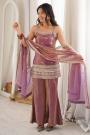 Mauve Silk Embroidered Short Kurti With Bell Bottom Style Palazzo And Dupatta