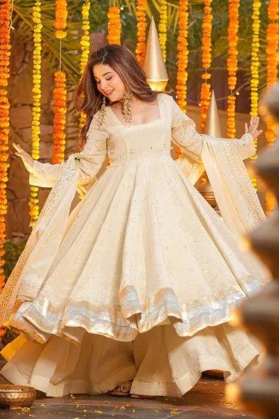 Ivory Cream Chinon Silk Embellished Anarkali Dress With Flared Palazzo & Dupatta